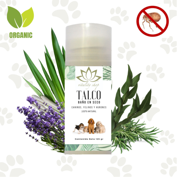 Talco Baño En Seco, Orgánico. Para Perros, Gatos Y Hurones 125g. Piel normal