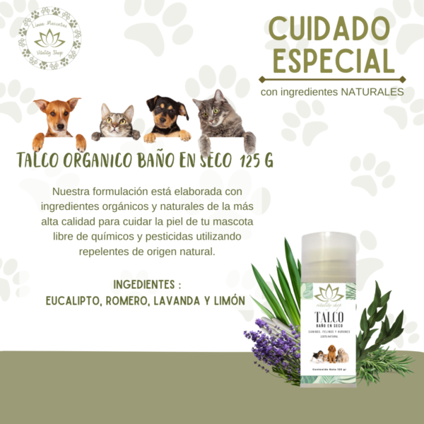 Talco Baño En Seco, Orgánico. Para Perros, Gatos Y Hurones 125g. Piel normal - Imagen 4
