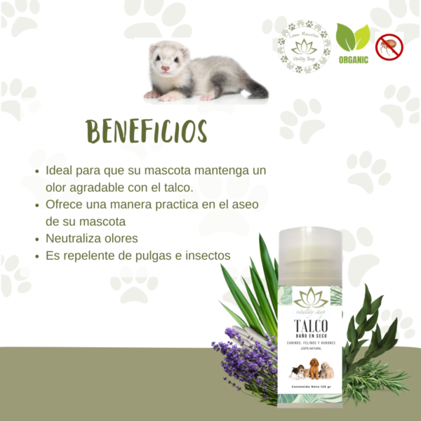 Talco Baño En Seco, Orgánico. Para Perros, Gatos Y Hurones 125g. Piel normal - Imagen 5