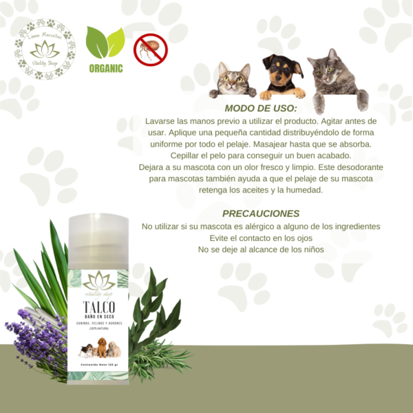 Talco Baño En Seco, Orgánico. Para Perros, Gatos Y Hurones 125g. Piel normal - Imagen 6