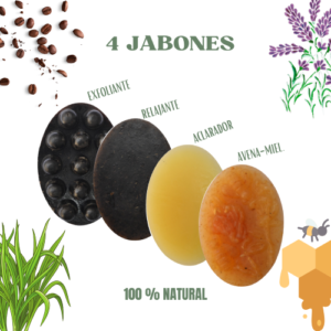 KIT DE 4 JABONES RELAJANTE  , AVENA Y MIEL ,ACLARADOR Y EXFOLIANTE