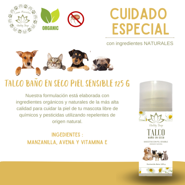 Talco Baño En Seco, Orgánico. Para Perros, Gatos Y Hurones 125g. Piel Sensible - Imagen 3