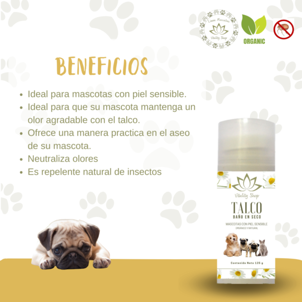 Talco Baño En Seco, Orgánico. Para Perros, Gatos Y Hurones 125g. Piel Sensible - Imagen 4