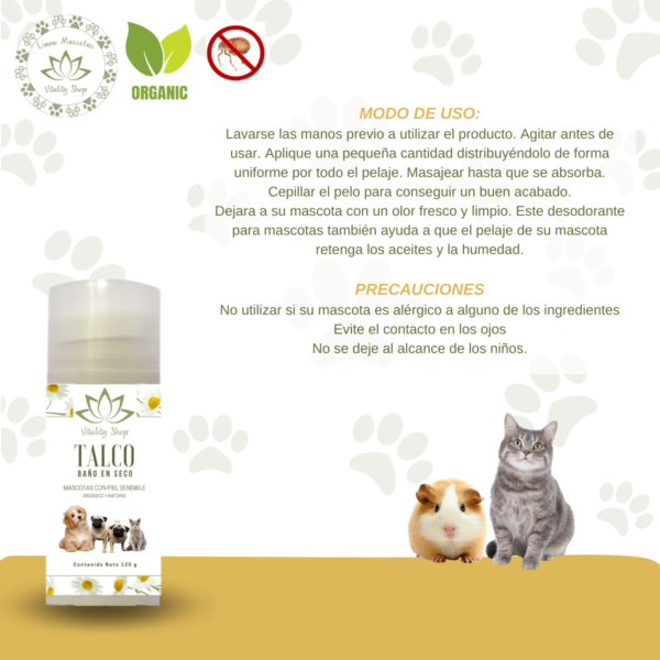 Talco Baño En Seco, Orgánico. Para Perros, Gatos Y Hurones 125g. Piel Sensible - Imagen 5