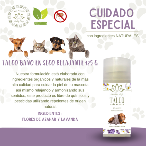 Talco Baño En Seco, Orgánico. Para Perros, Gatos Y Hurones 125g. Relajante - Imagen 3