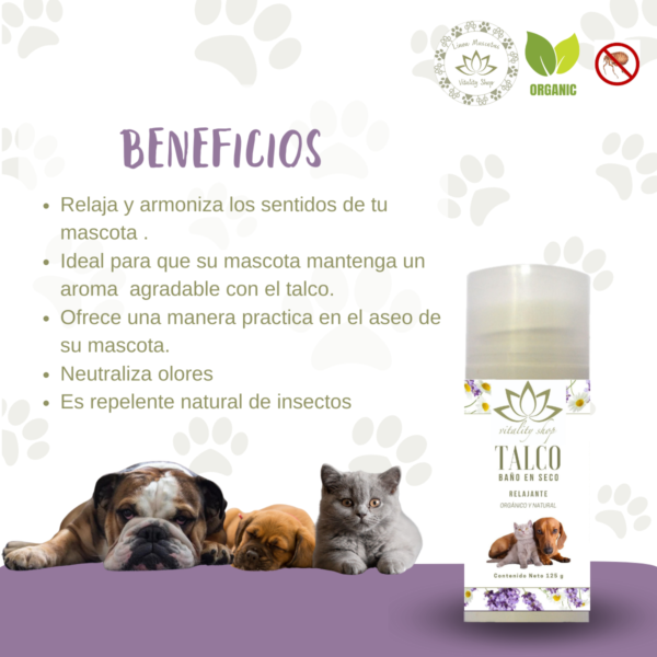 Talco Baño En Seco, Orgánico. Para Perros, Gatos Y Hurones 125g. Relajante - Imagen 4