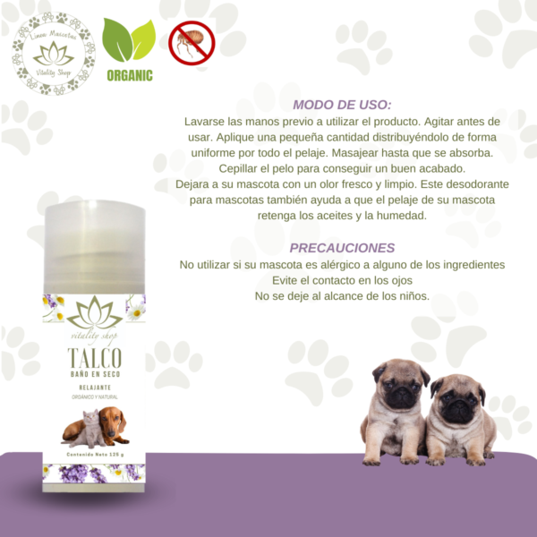 Talco Baño En Seco, Orgánico. Para Perros, Gatos Y Hurones 125g. Relajante - Imagen 5