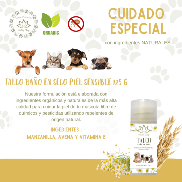 Talco Baño En Seco Orgánico, Para Mascotas Perros, Gatos 125g.  Piel Sensible - Imagen 4