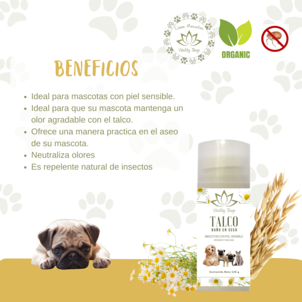 Talco Baño En Seco Orgánico, Para Mascotas Perros, Gatos 125g.  Piel Sensible - Imagen 5