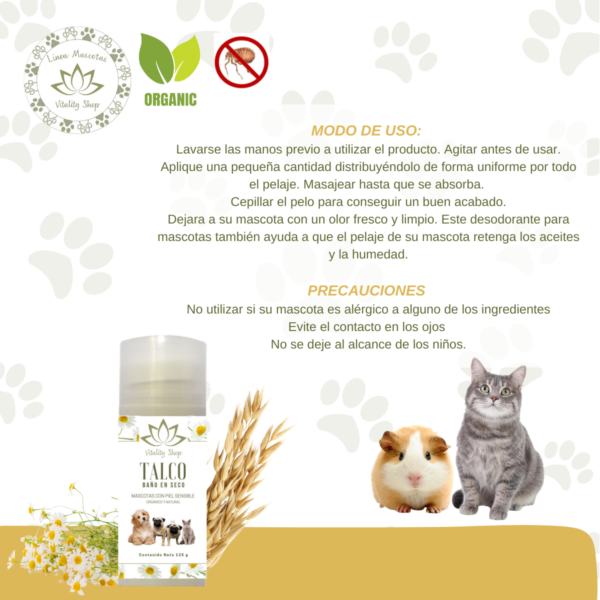 Talco Baño En Seco Orgánico, Para Mascotas Perros, Gatos 125g.  Piel Sensible - Imagen 6